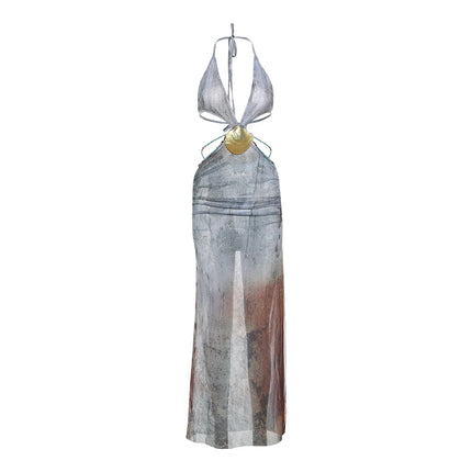 Nibber Pearl Shell Halter – See-Through Backless Bodycon Dress