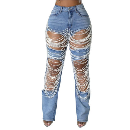 CM.YAYA Women’s Pearl Beaded Ripped Tassel Wide-Leg Jeans