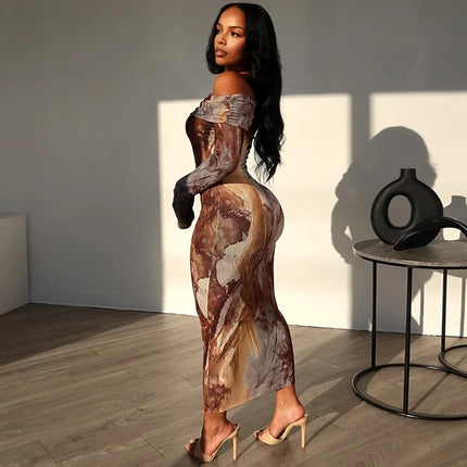 Y2K Off-Shoulder Bodycon – Sexy Printed Nightclub Dress